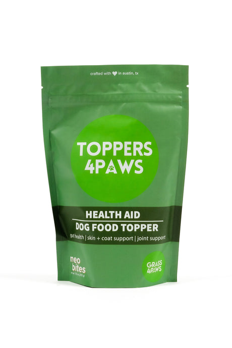Health Aid dog food topper made with cricket protein, oats, kale, kelp and turmeric.