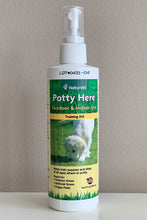 Load image into Gallery viewer, Potty Here dog training aid spray is a great way to encourage and train your puppy to use its new fresh grass patch.
